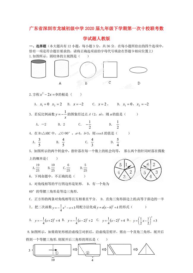 广东省深圳市九年级数学下学期第一次十校联考试题新人教版