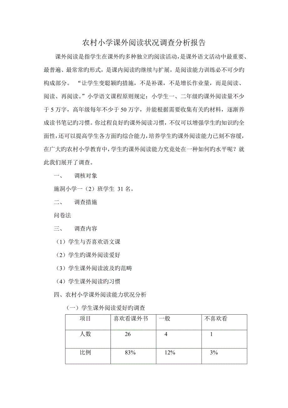 一班农村小学课外阅读情况调查汇总报告_第1页