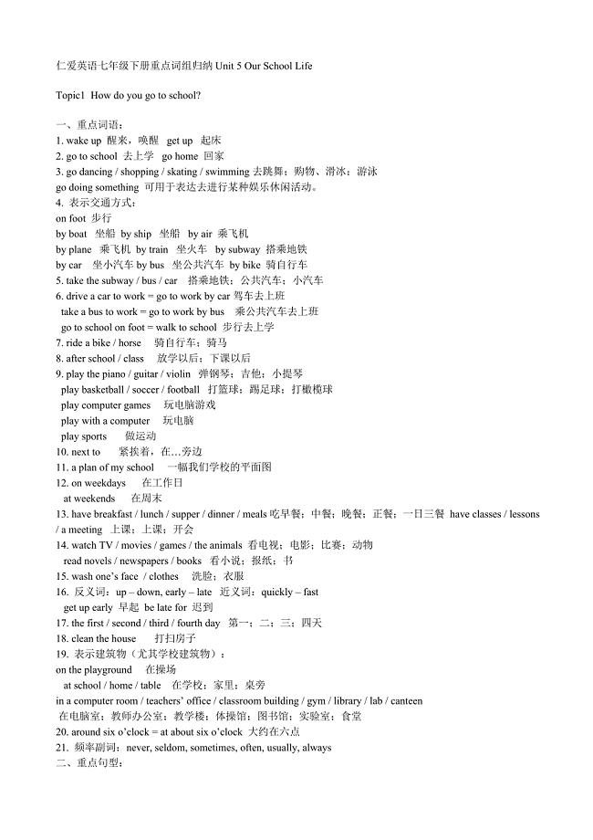 仁爱英语七年级下册重点词组归纳Unit5OurSchoolLife