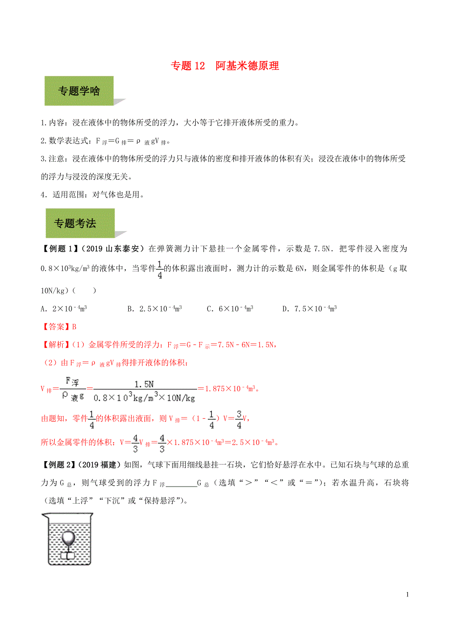 2020年中考物理学考练重要规律 专题12 阿基米德原理试题_第1页