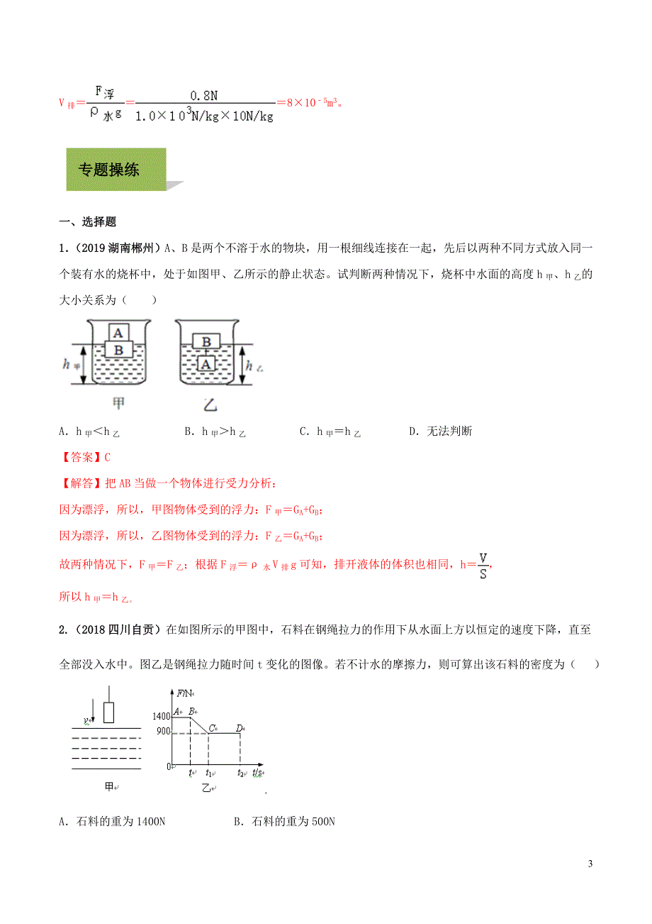 2020年中考物理学考练重要规律 专题12 阿基米德原理试题_第3页