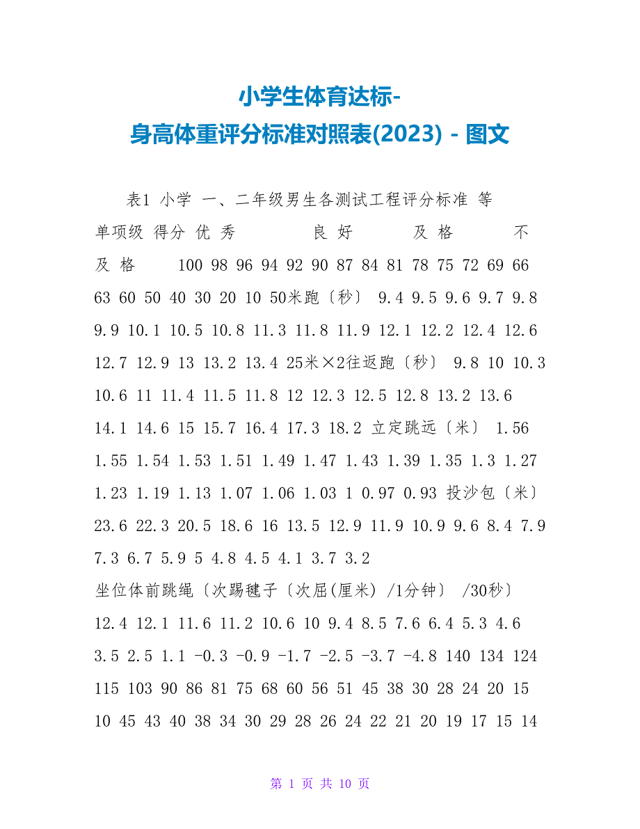 小学生体育达标-身高体重评分标准对照表(2023)_第1页
