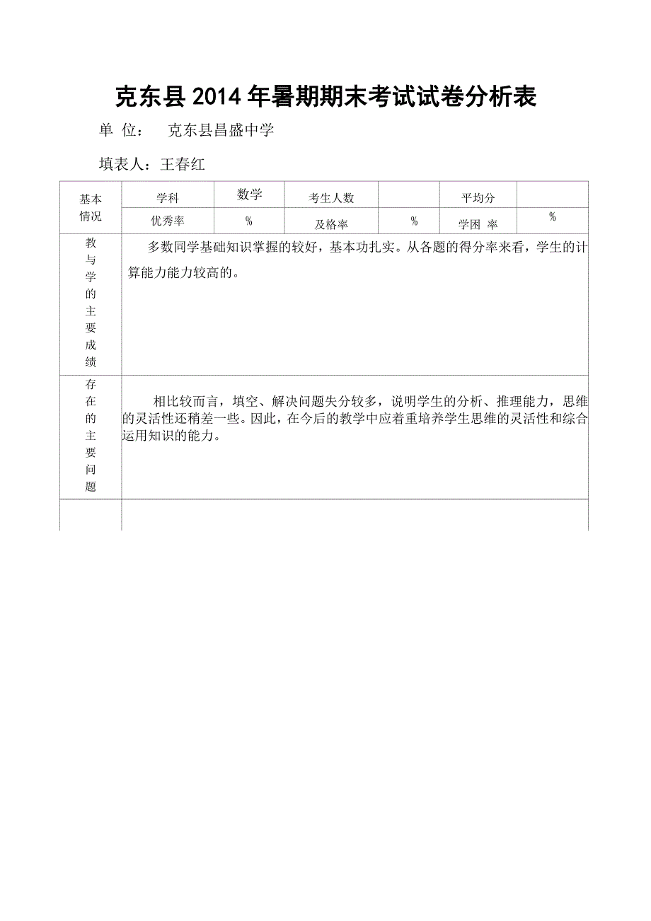克东县2014年暑期期末考试试卷分析表王春红_第3页