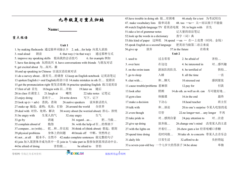 九年级上册英语重点短语+句式(珍藏版).doc_第1页