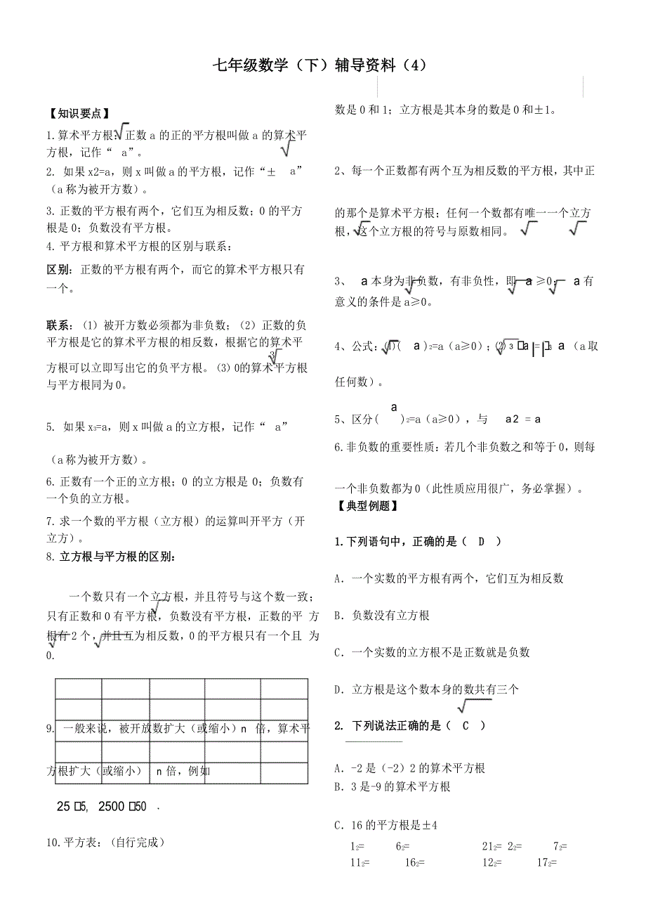 七年级数学下册实数知识点归纳及常见考题_第1页