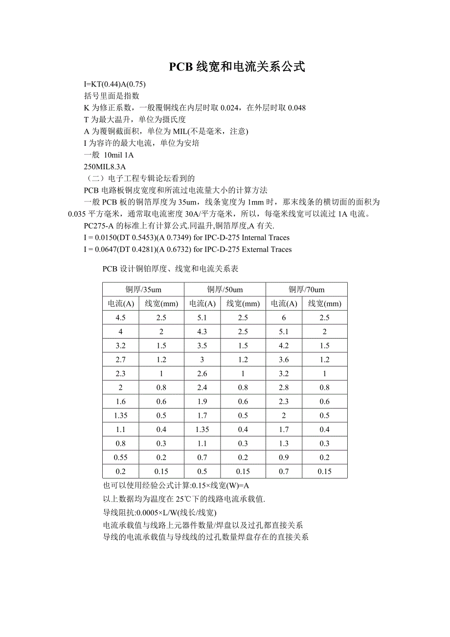 PCB设计铜铂厚度、线宽和电流关系表.doc_第1页