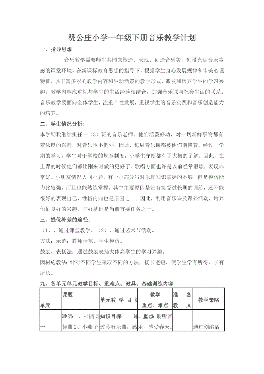 赞公庄小学小学一年级下册音乐教学计划_第1页