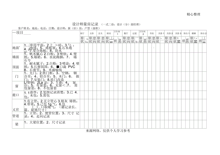 家装公司设计师量房记录表_第1页