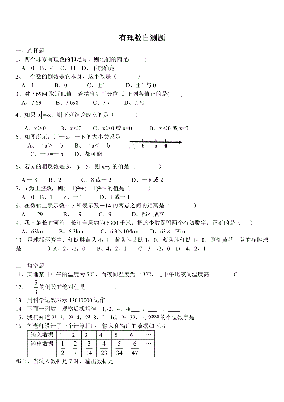 有理数月考试卷_第1页