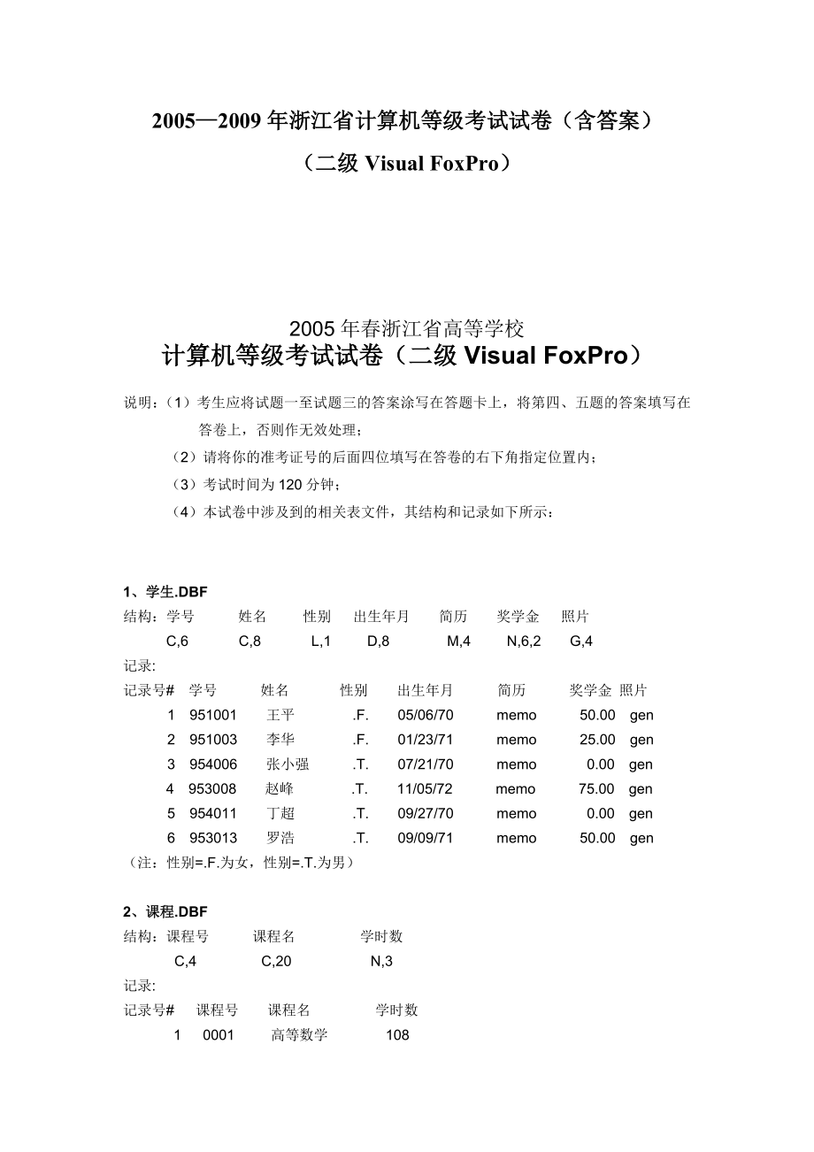 2005-2009年浙江省计算机VFP二级考试试卷(含答案)_第1页