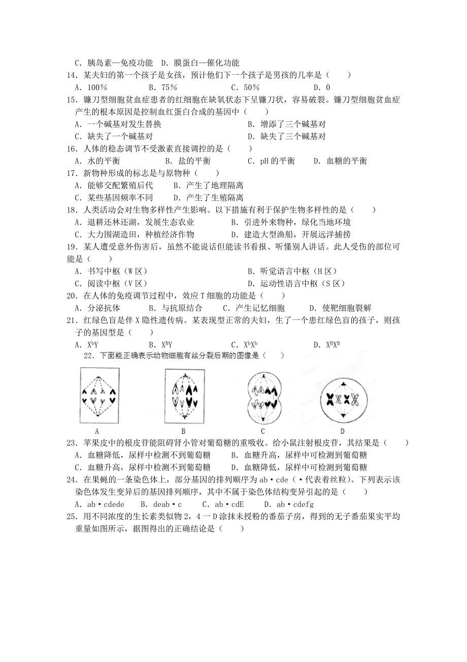 2022年高中学业水平测试模拟生物试题（新人教版必修1）（7）含答案_第2页