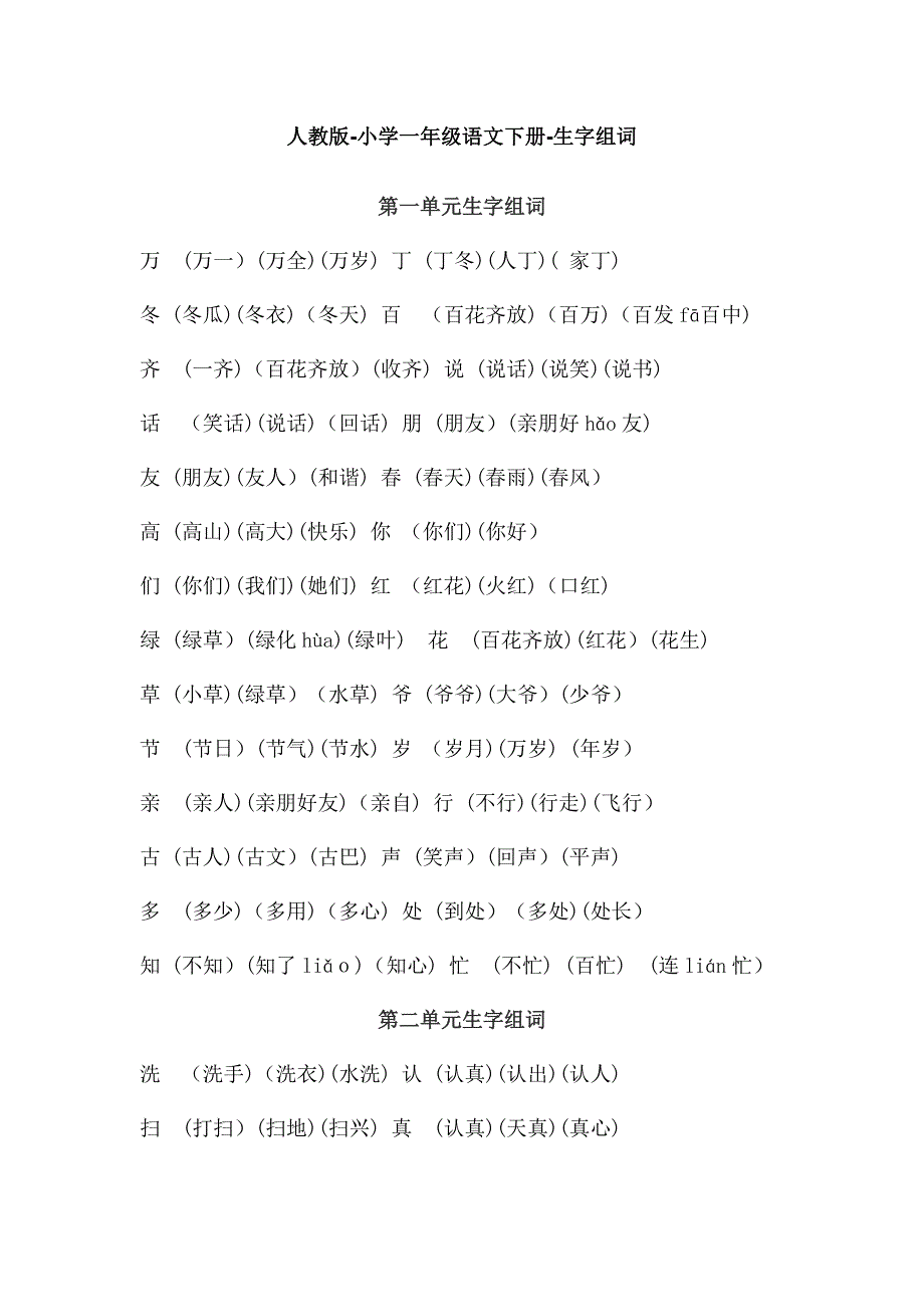 人教版一年级语文下册生字表组词_第1页