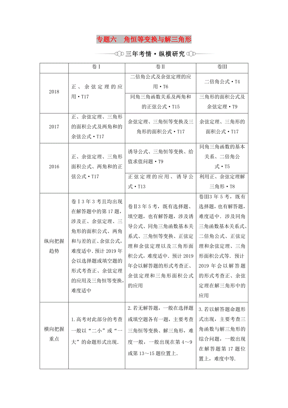 （通用版）2019版高考数学二轮复习 第一部分 专题六 三角恒等变换与解三角形讲义 理（重点生含解析）.doc_第1页