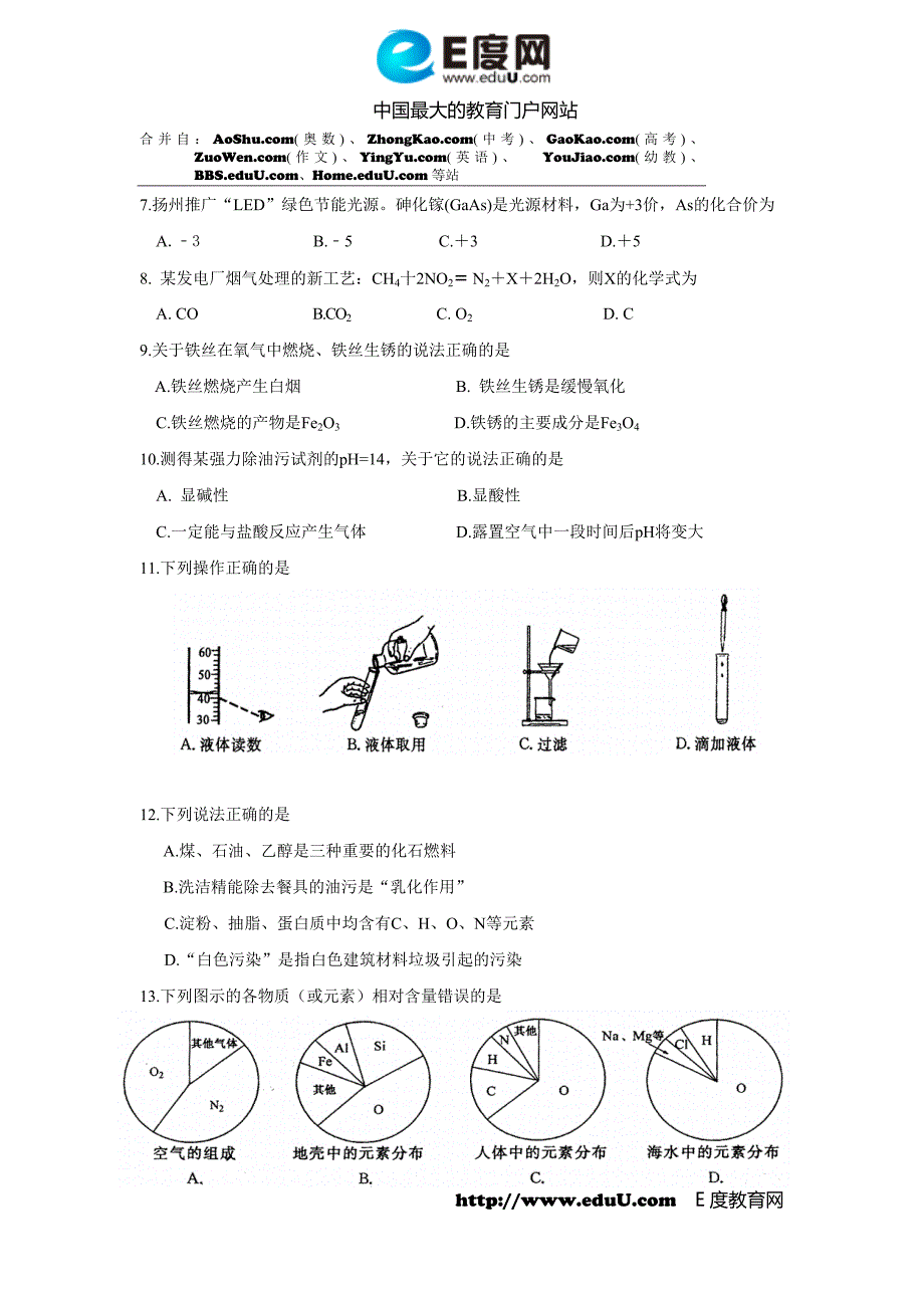 扬州市初中毕业、升学统一考试化学试题(word试题 扫描答案)_第2页