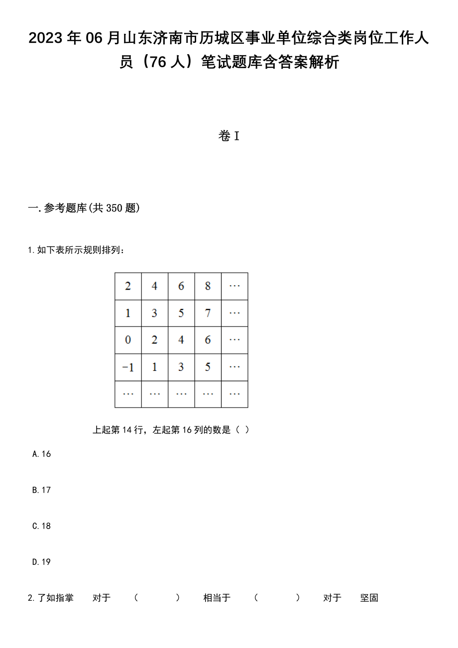 2023年06月山东济南市历城区事业单位综合类岗位工作人员（76人）笔试题库含答案详解析_第1页