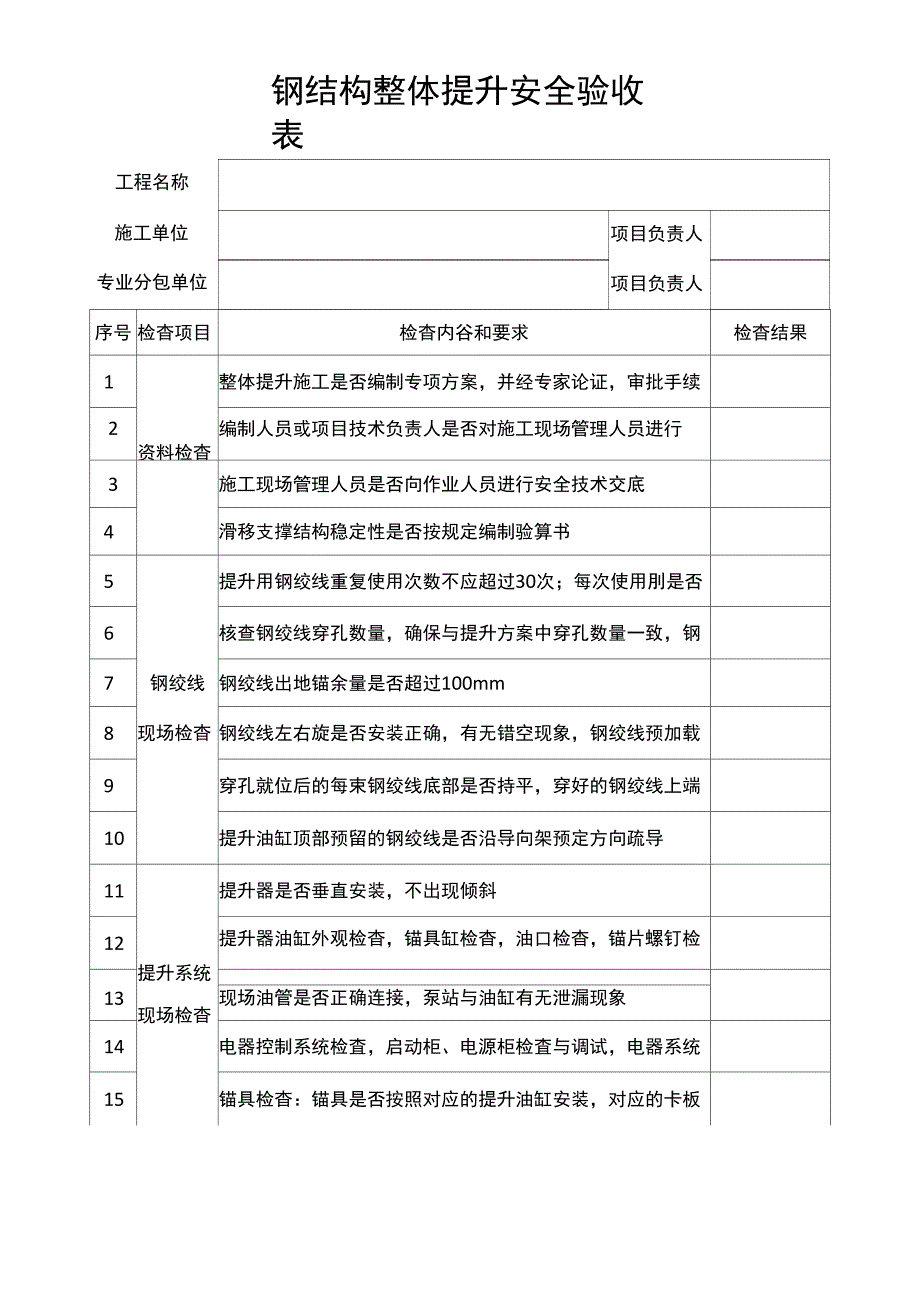 钢结构整体提升安全验收表_第1页