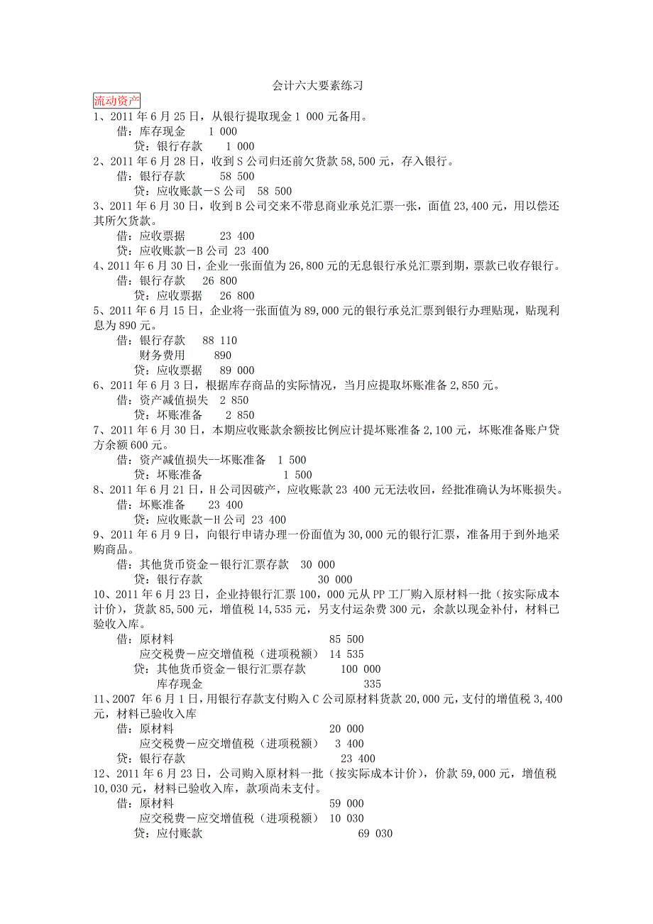 会计六大要素分录练习及答案(综合)_第1页