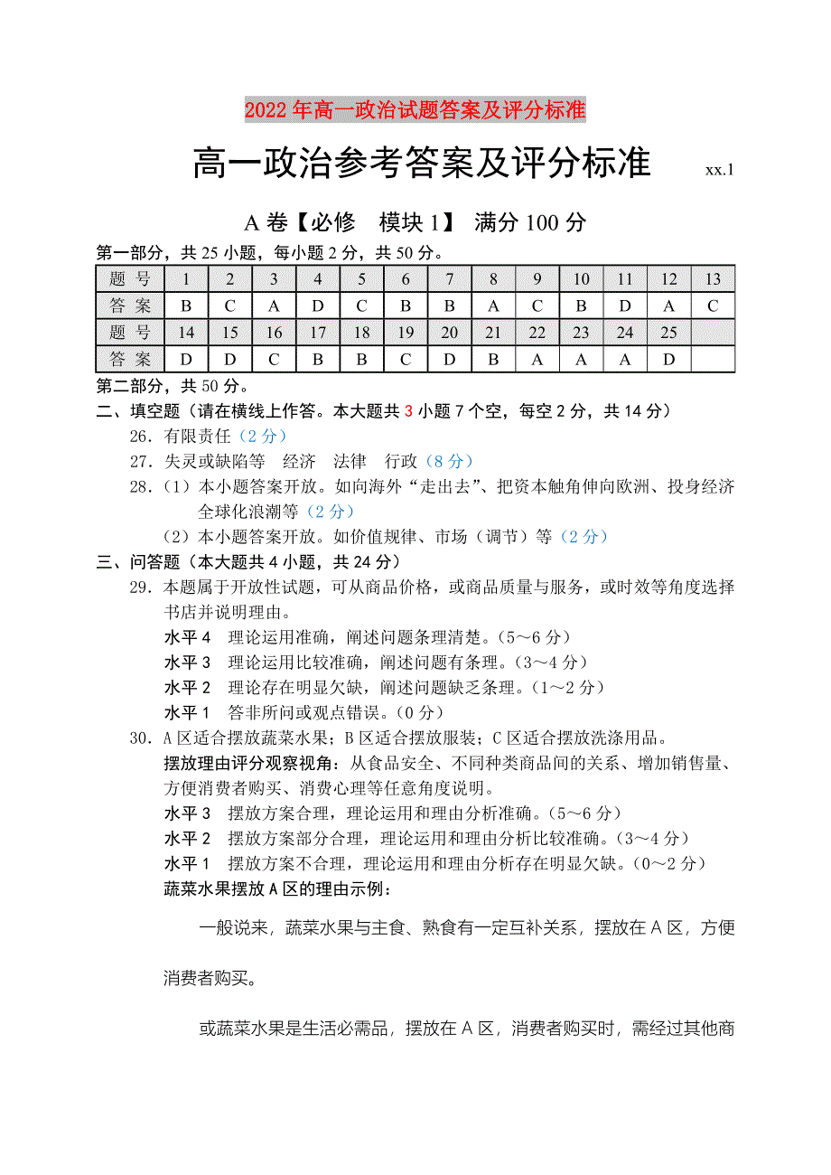 2022年高一政治试题答案及评分标准_第1页