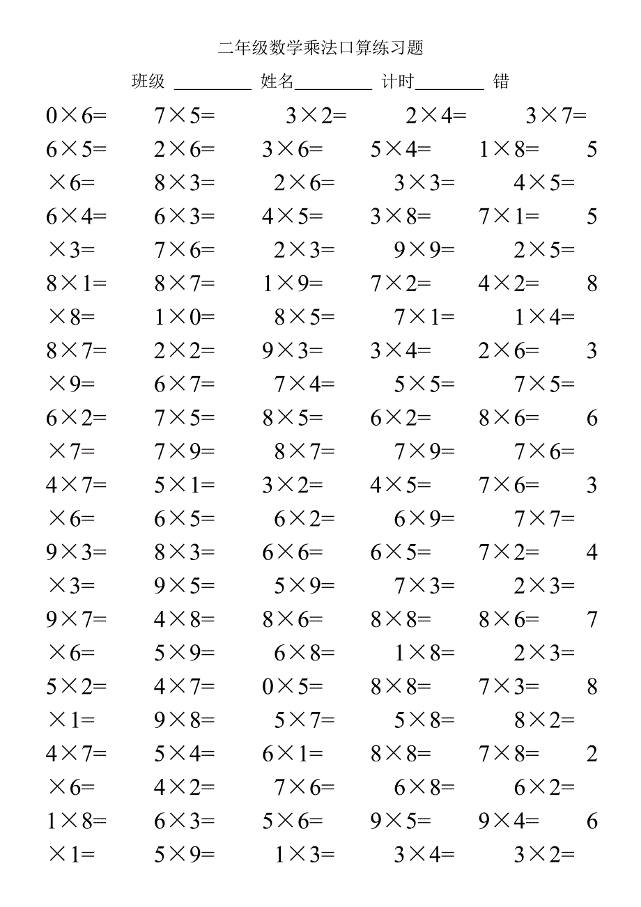 二年级数学乘法口算练习题(附乘法口诀表)_第2页