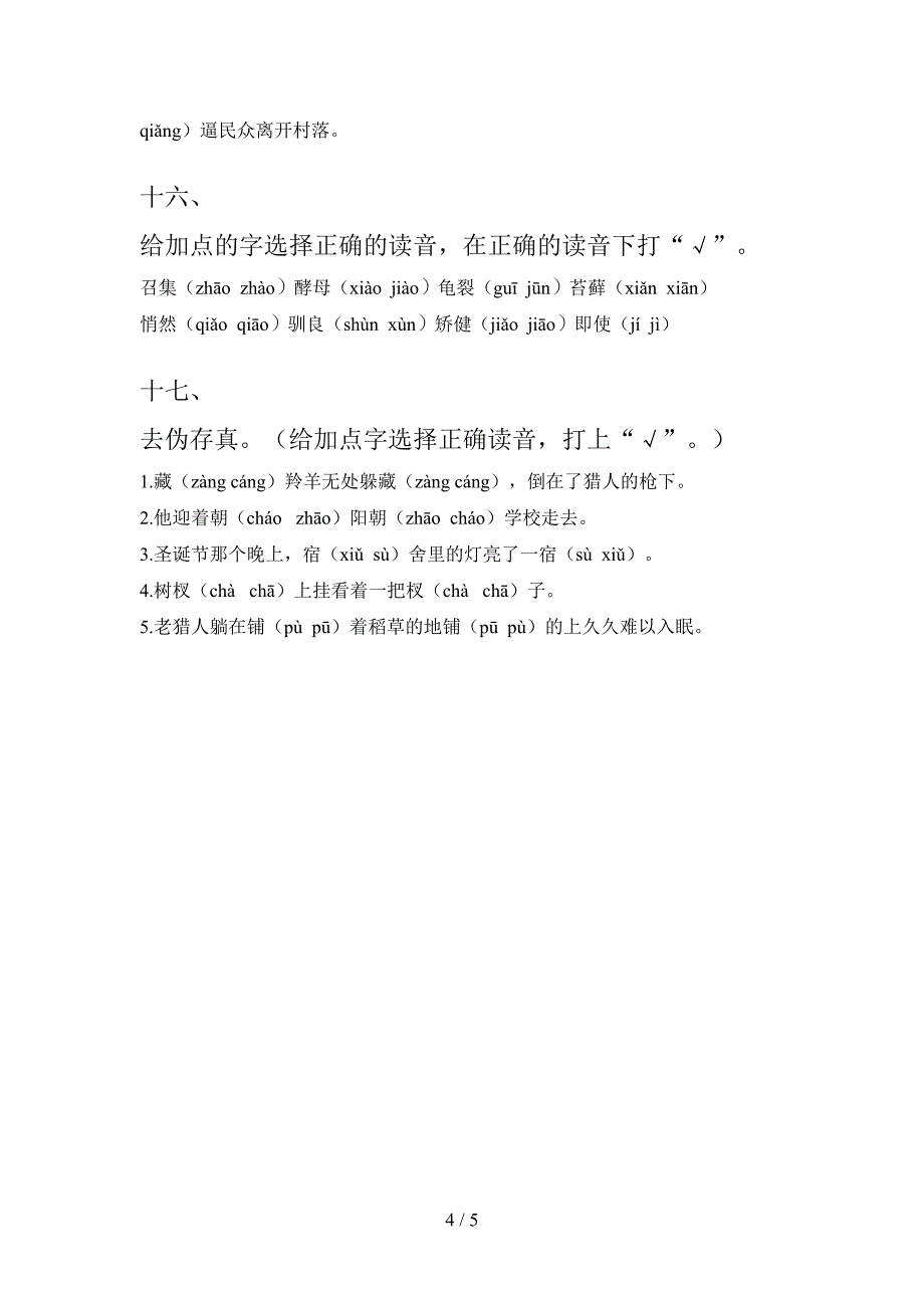 浙教版五年级上册语文选择正确读音知识点巩固练习_第4页