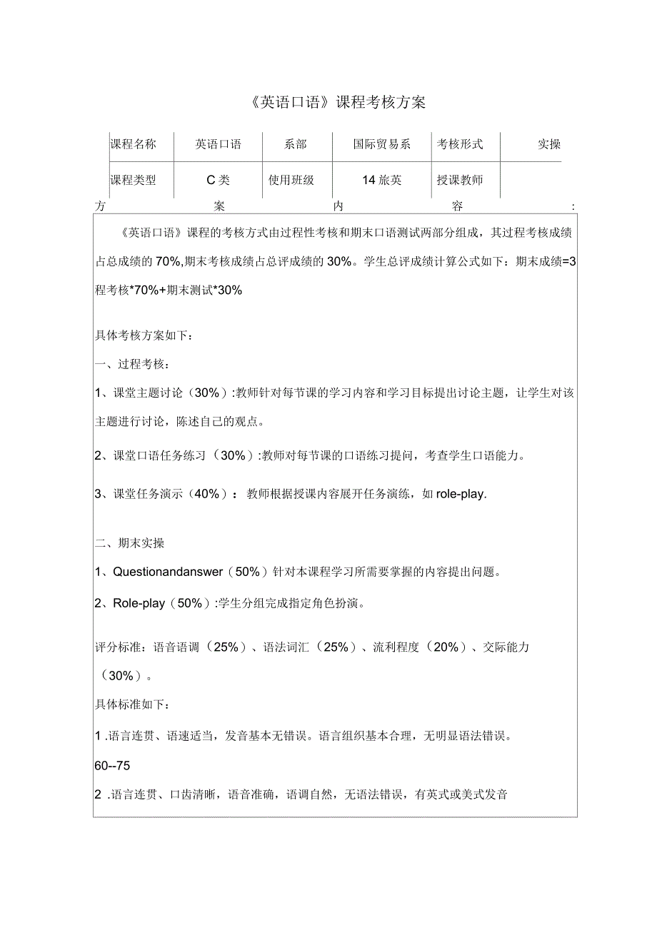 《口语》课程考核方案_第1页