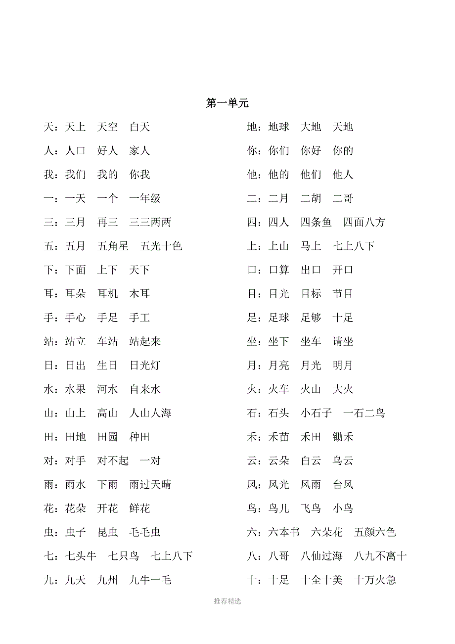 部编一年级语文上册词语汇总_第1页