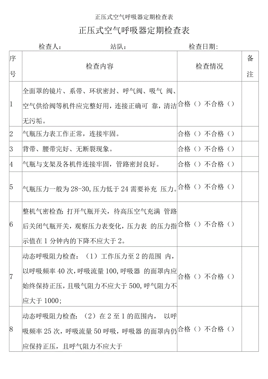 正压式空气呼吸器定期检查表_第1页