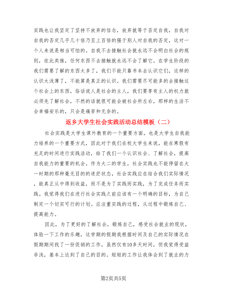 返乡大学生社会实践活动总结模板（二篇）.doc_第2页