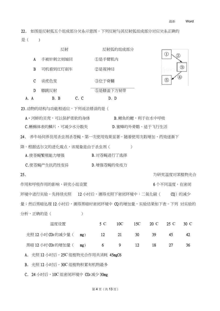 2020年中考生物试卷以及答案解析_第4页