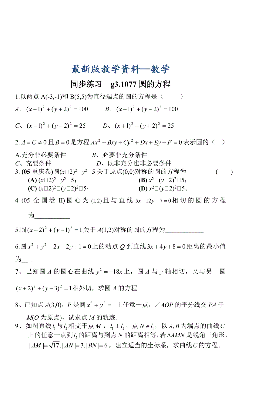 【最新版】高考数学第一轮总复习100讲 同步练习第77圆的方程_第1页