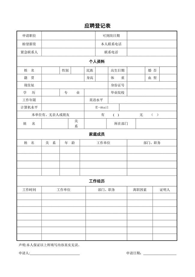 某房地产公司入职登记表