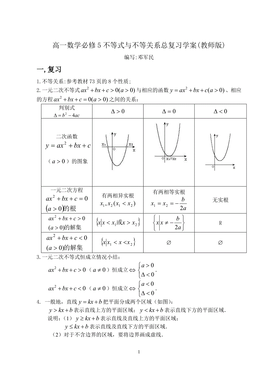 高一数学必修5不等式与不等关系总复习学案_第1页
