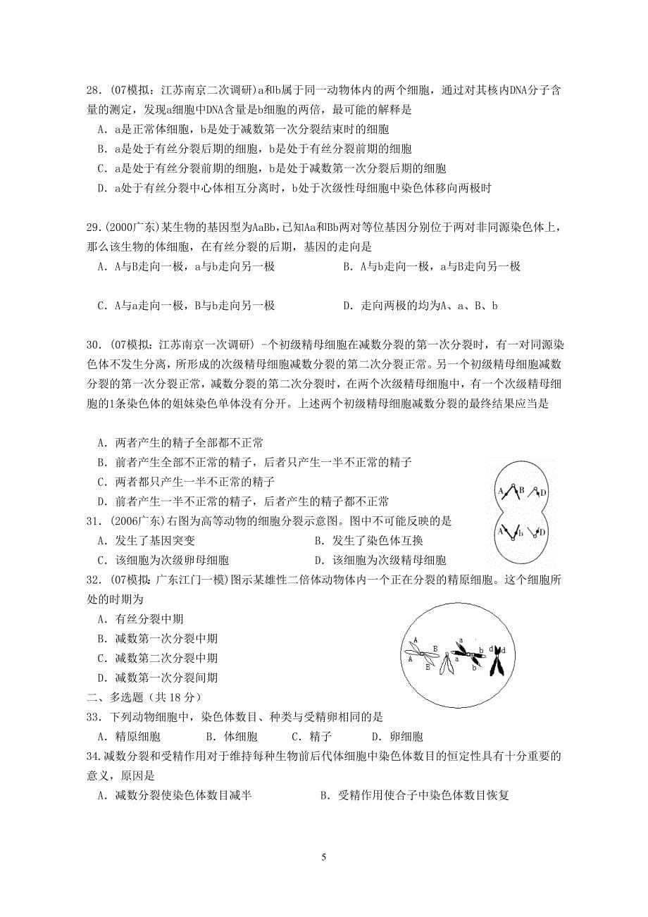 高三一轮复习有丝分裂和减数分裂专题测试_第5页