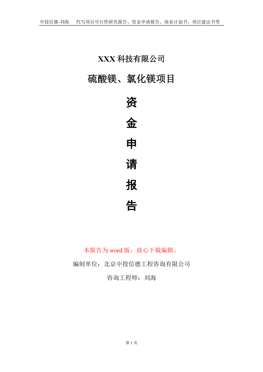 硫酸镁、氯化镁项目资金申请报告写作模板_第1页