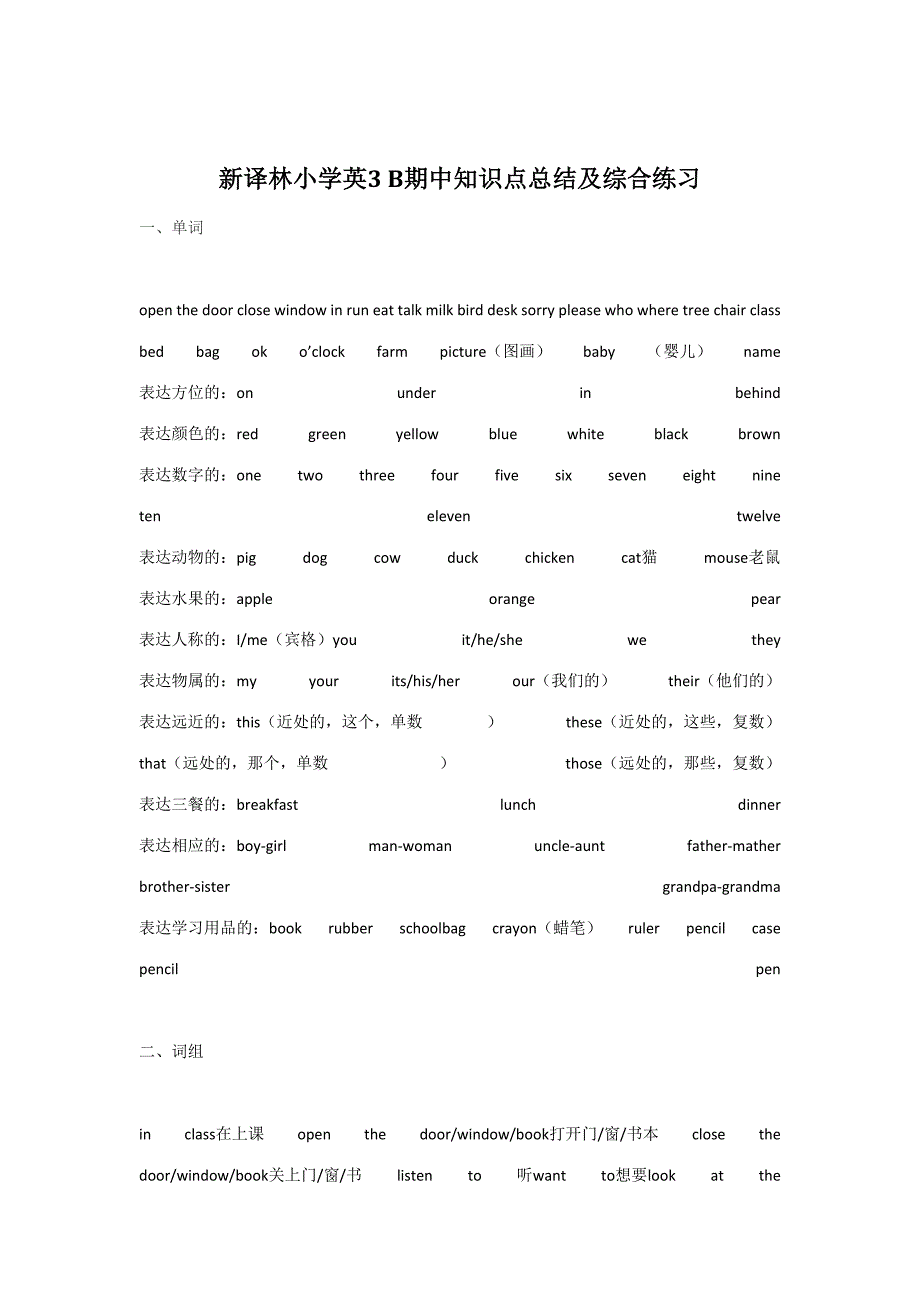 2023年新译林小学英B期中知识点总结及综合练习_第1页