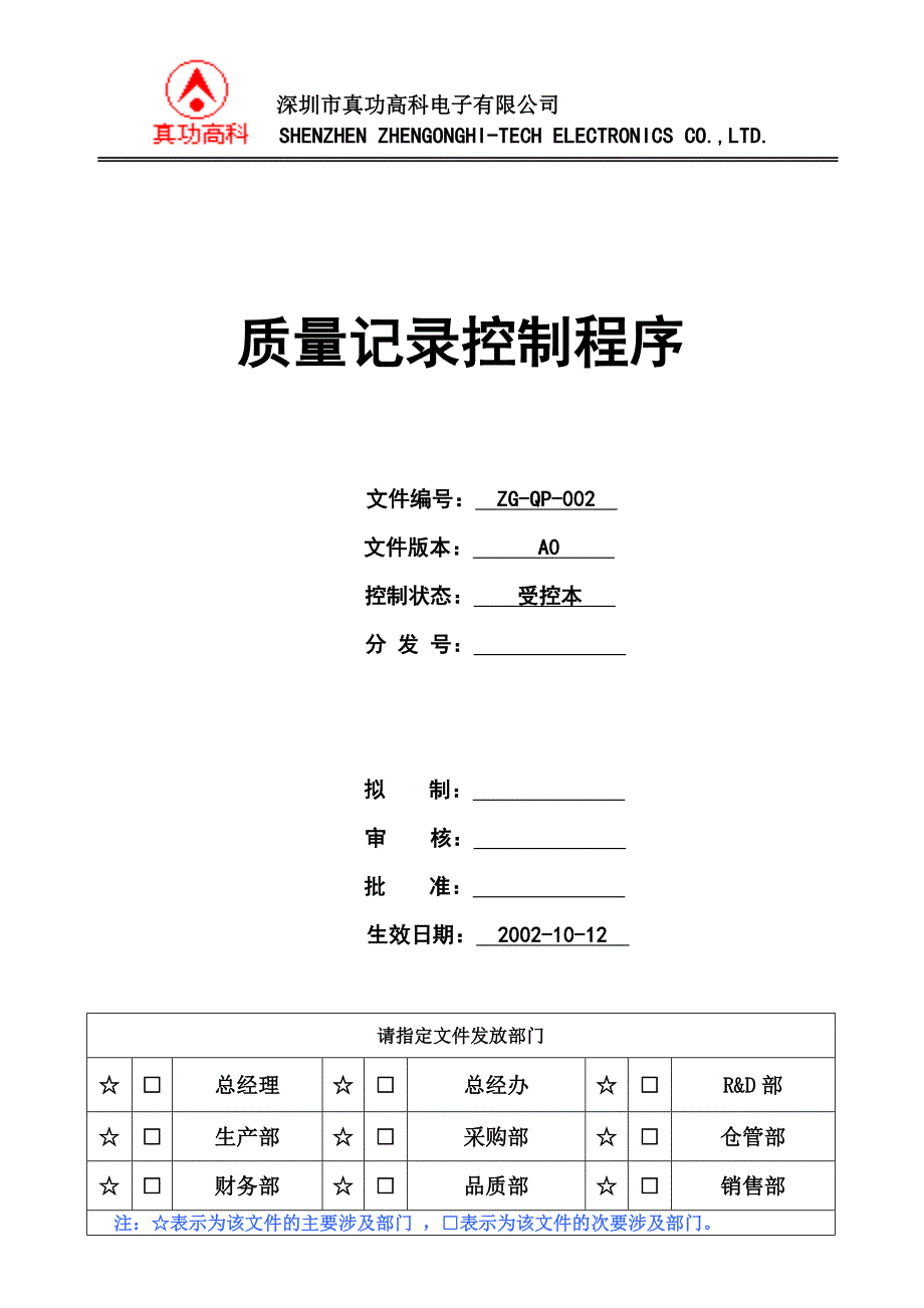 02945质量管理体系认证二级文件程序QP002质量记录控制程序_第1页