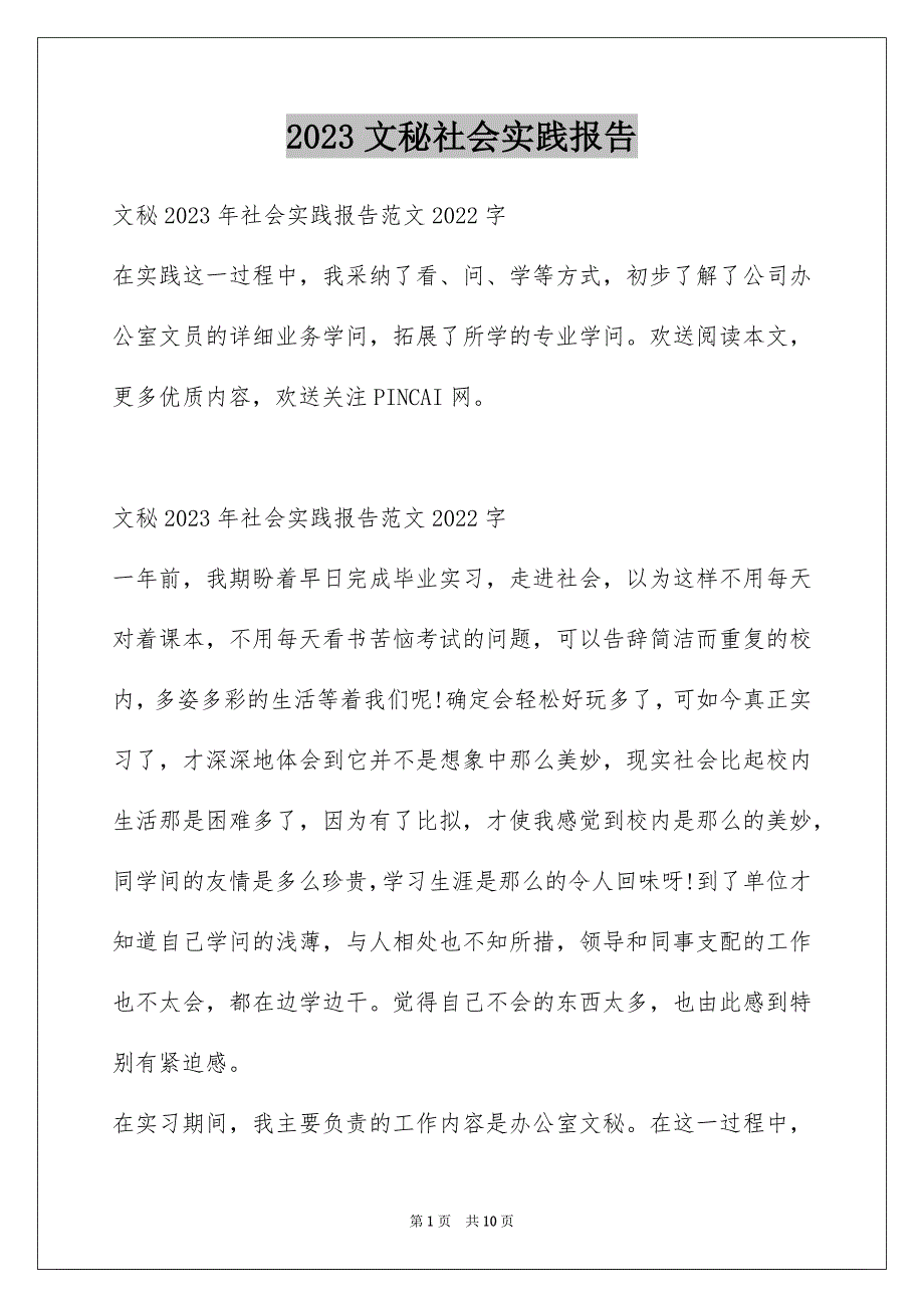 2023年文秘社会实践报告范文.docx_第1页