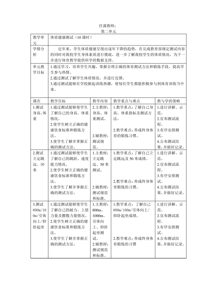 初一体育上学期单元教学计划_第2页