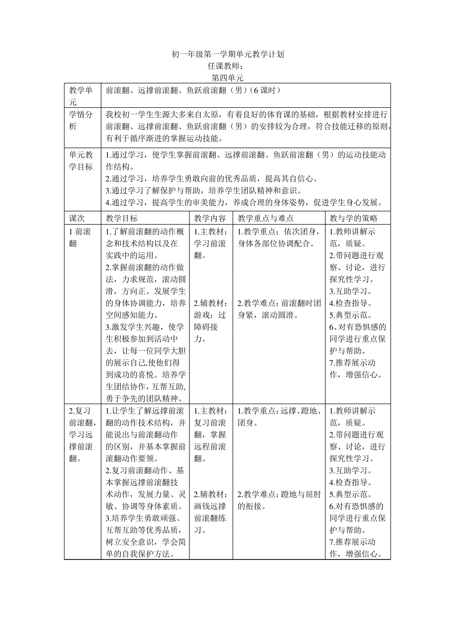 初一体育上学期单元教学计划_第4页