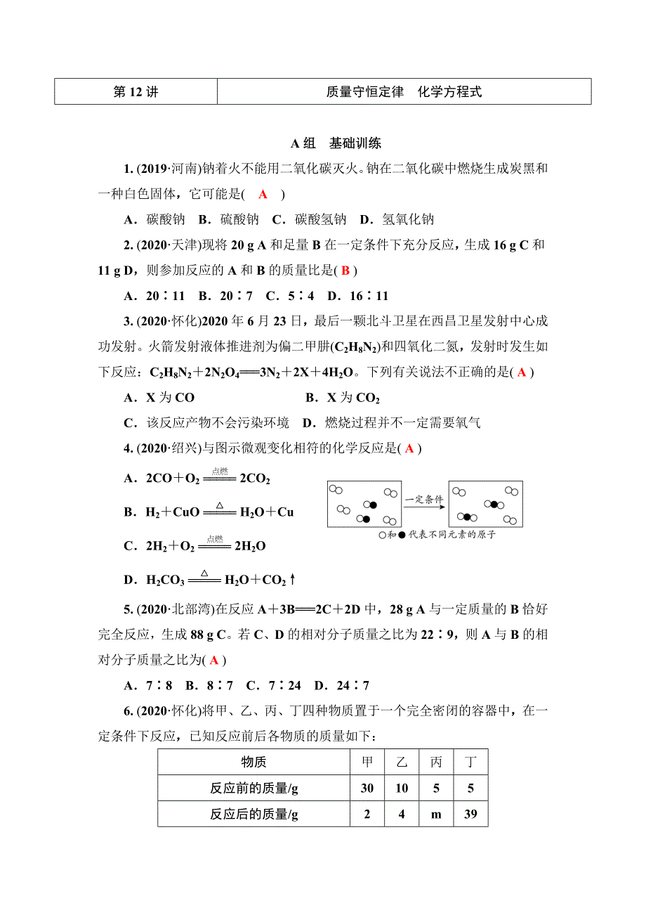 2020-2021年中考化学提分训练第12讲质量守恒定律　化学方程式_第1页