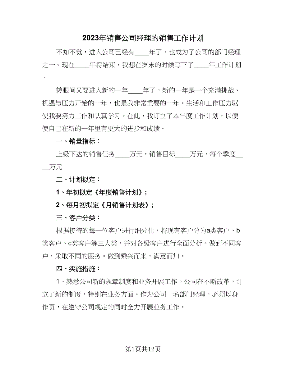 2023年销售公司经理的销售工作计划（5篇）_第1页