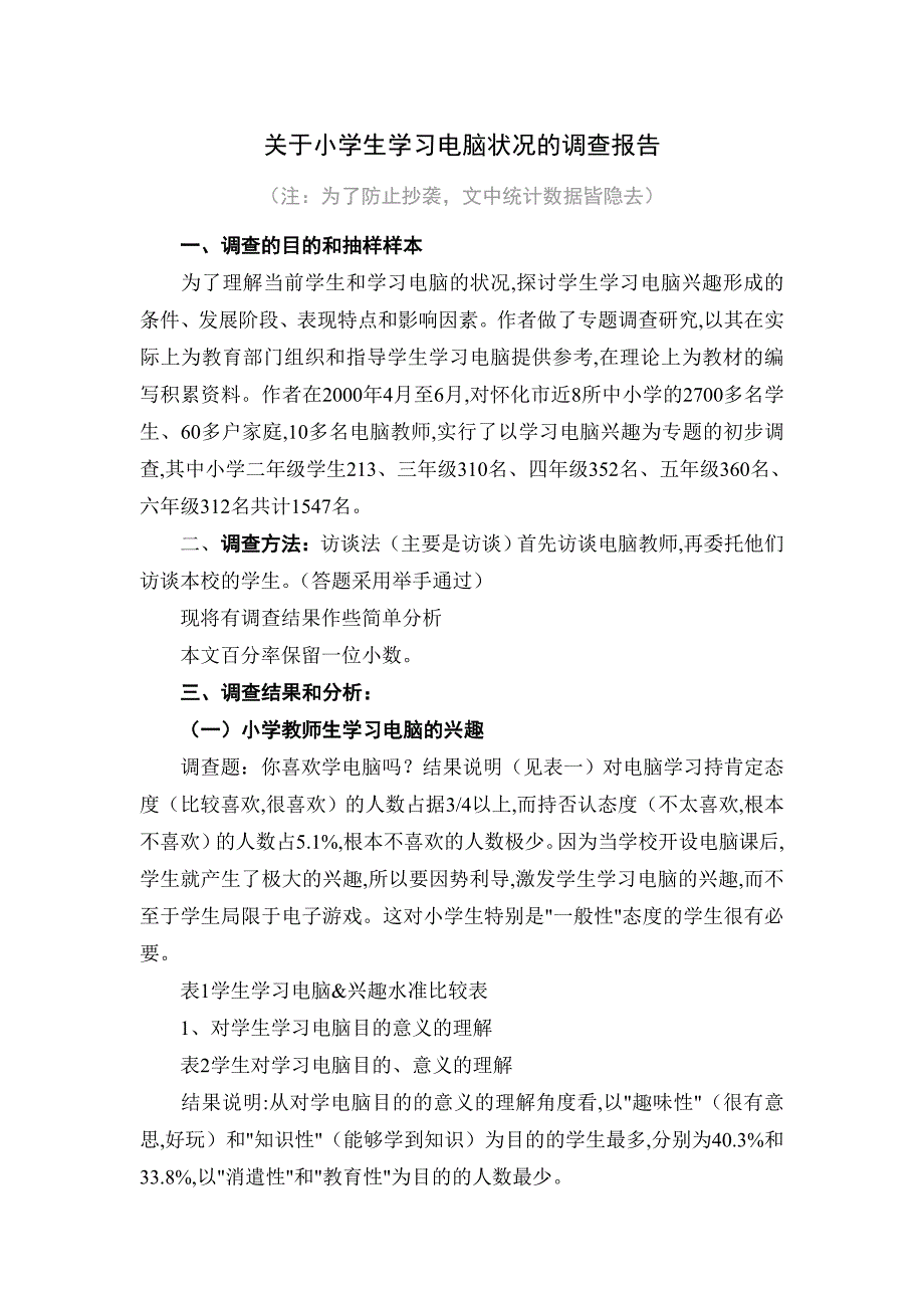 计算机科学与技术专业——关于小学生学习电脑状况的调查报告_第1页