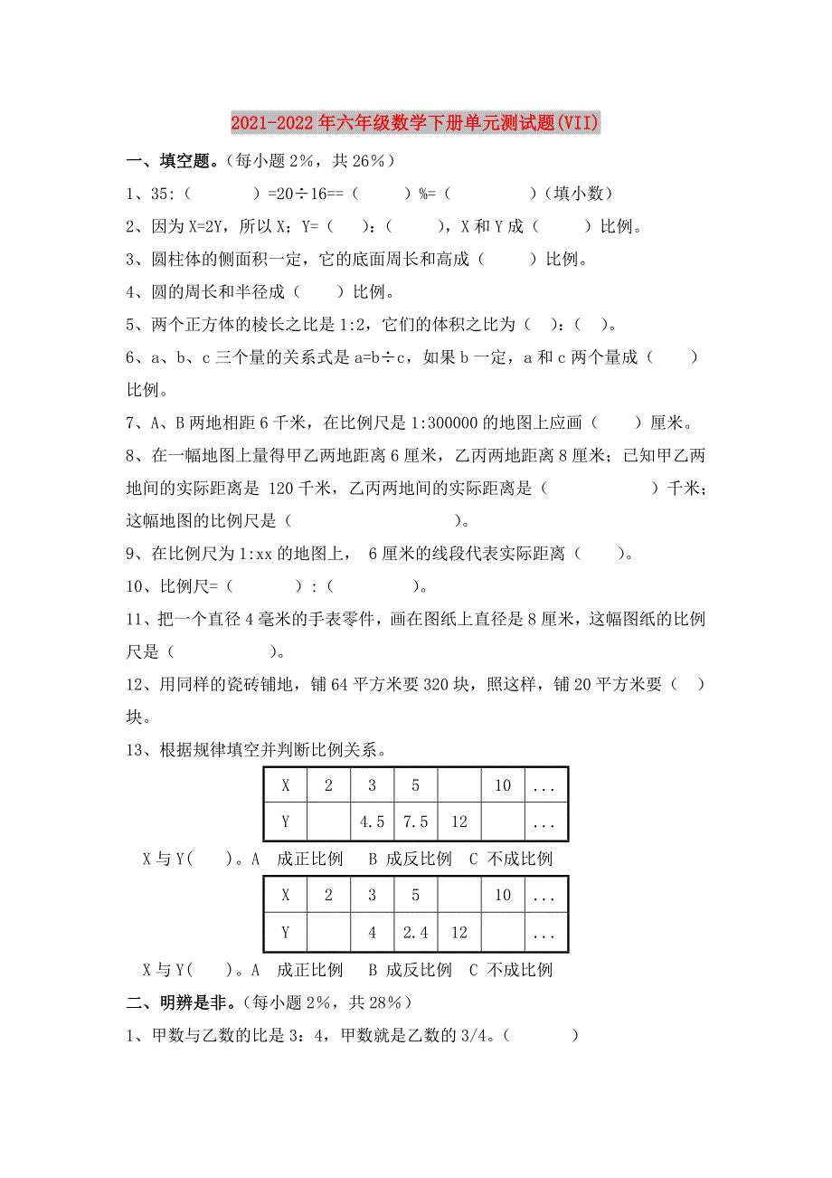 2021-2022年六年级数学下册单元测试题(VII)_第1页