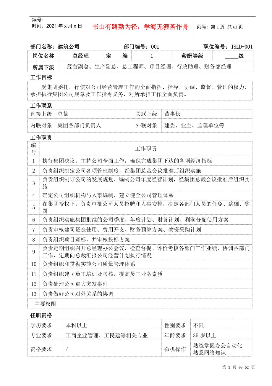 建筑公司岗位说明书(doc62)(1)_第1页