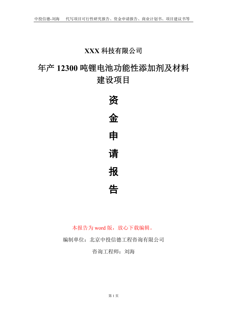 年产12300吨锂电池功能性添加剂及材料建设项目资金申请报告写作模板_第1页