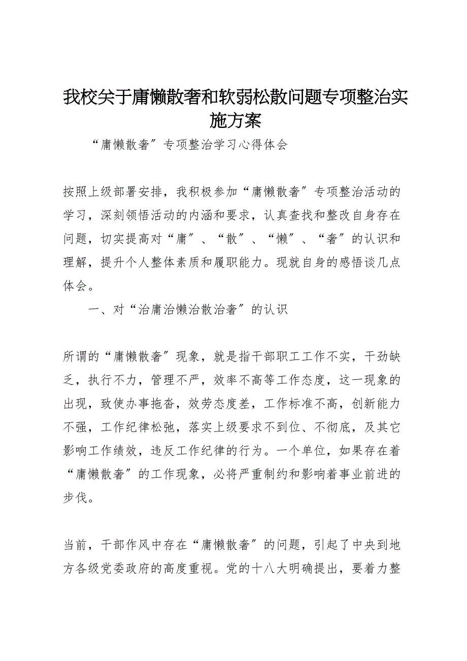 2023年我校关于庸懒散奢和软弱涣散问题专项整治实施方案 .doc_第1页