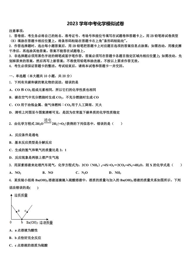 江苏省兴化市2023学年中考化学考试模拟冲刺卷（含解析）.doc