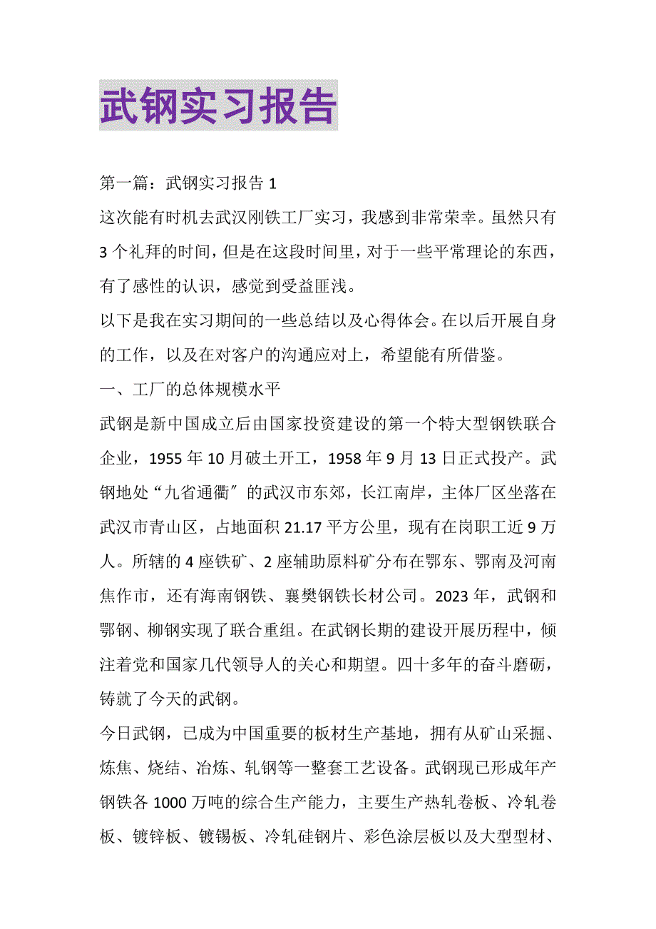 2023年武钢实习报告.DOC_第1页