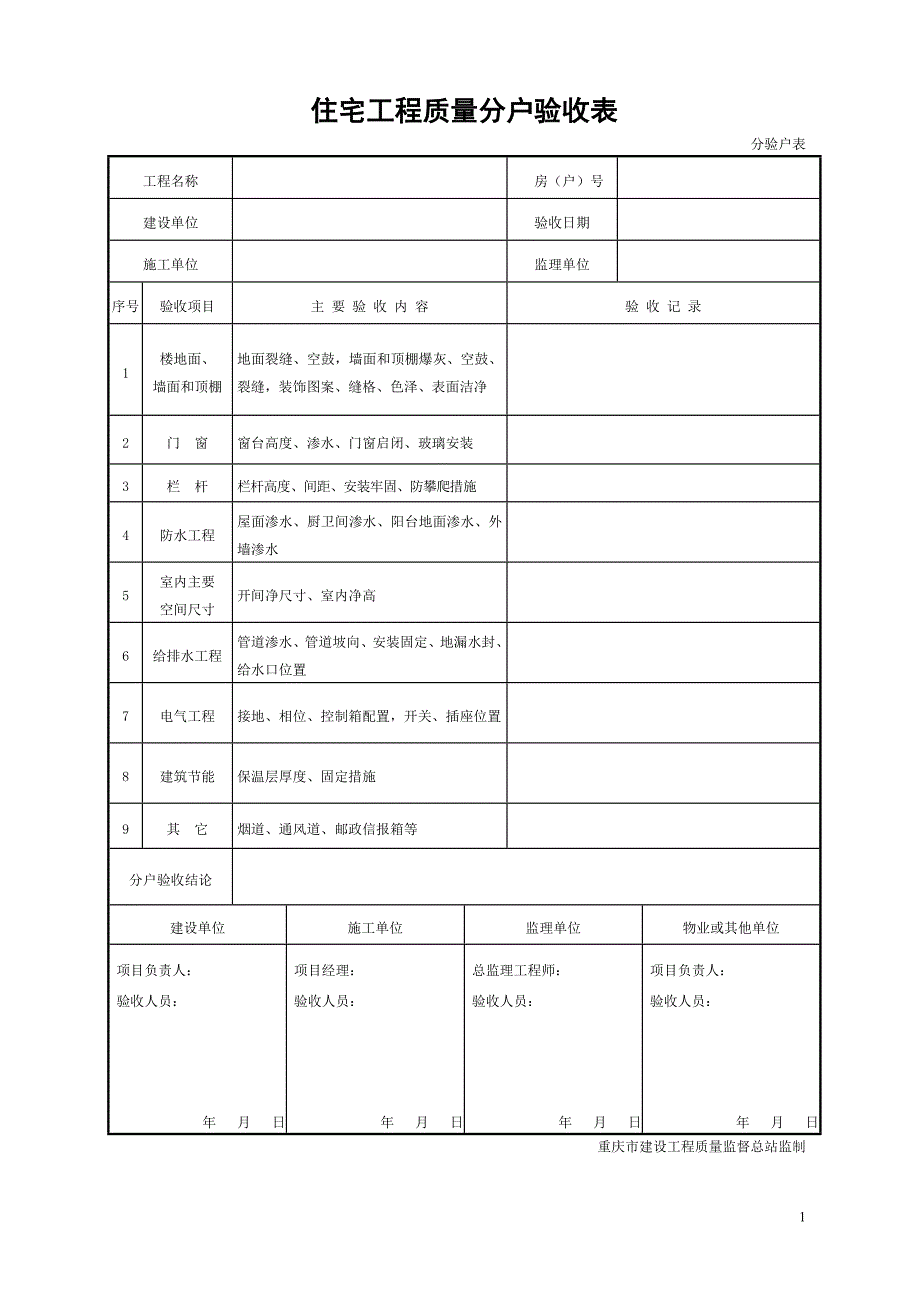 2010年重庆市住宅工程质量分户验收表格(最新).doc_第1页