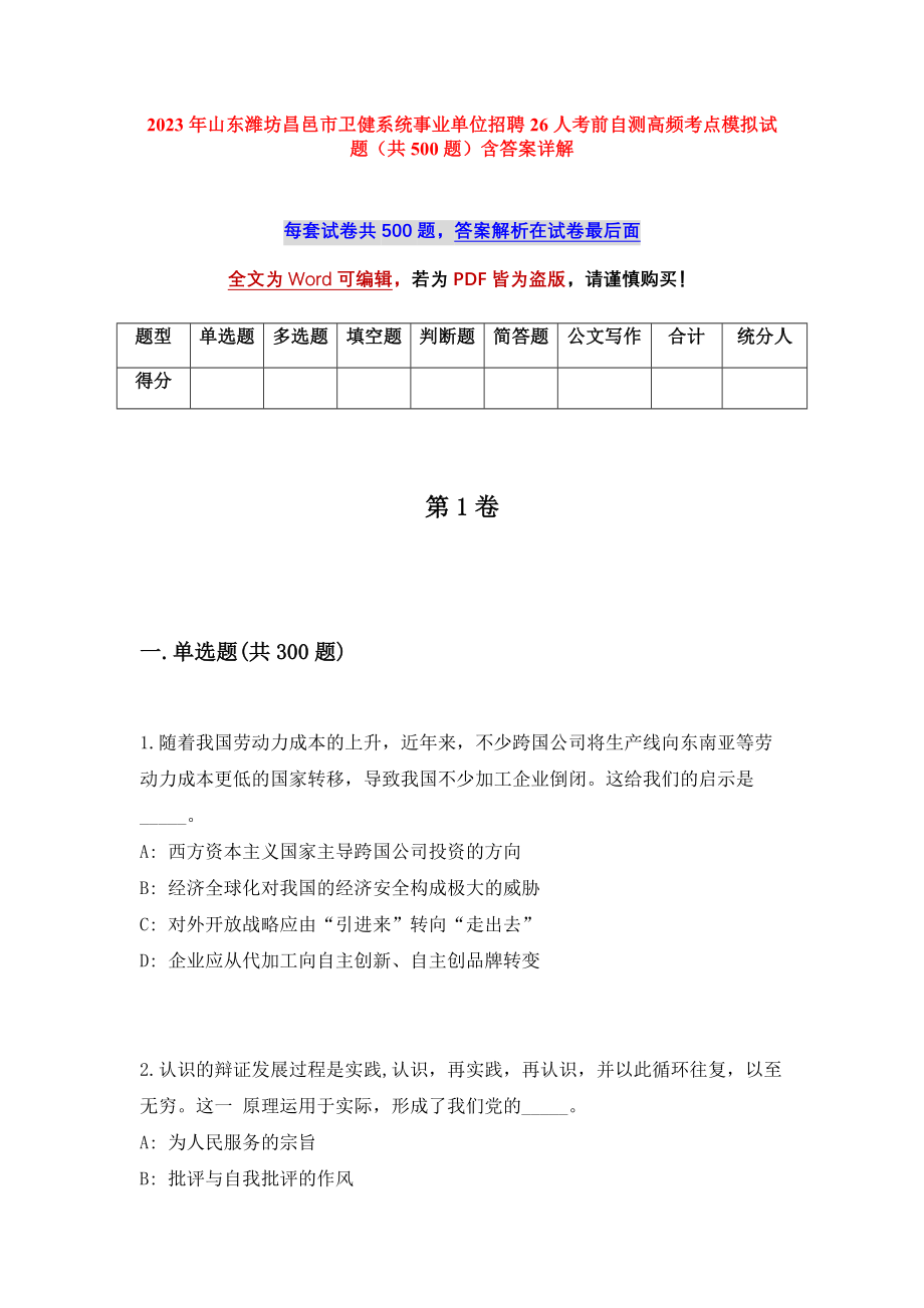 2023年山东潍坊昌邑市卫健系统事业单位招聘26人考前自测高频考点模拟试题（共500题）含答案详解_第1页